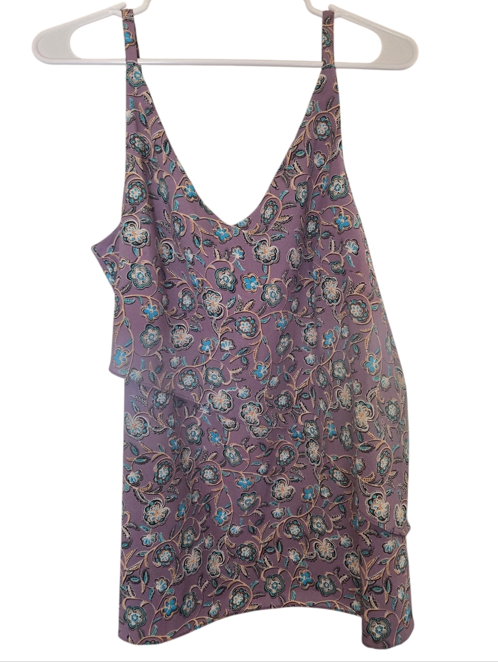 CAbi Lavender Floral V-Neck Cami with Teal & Cream Accents
